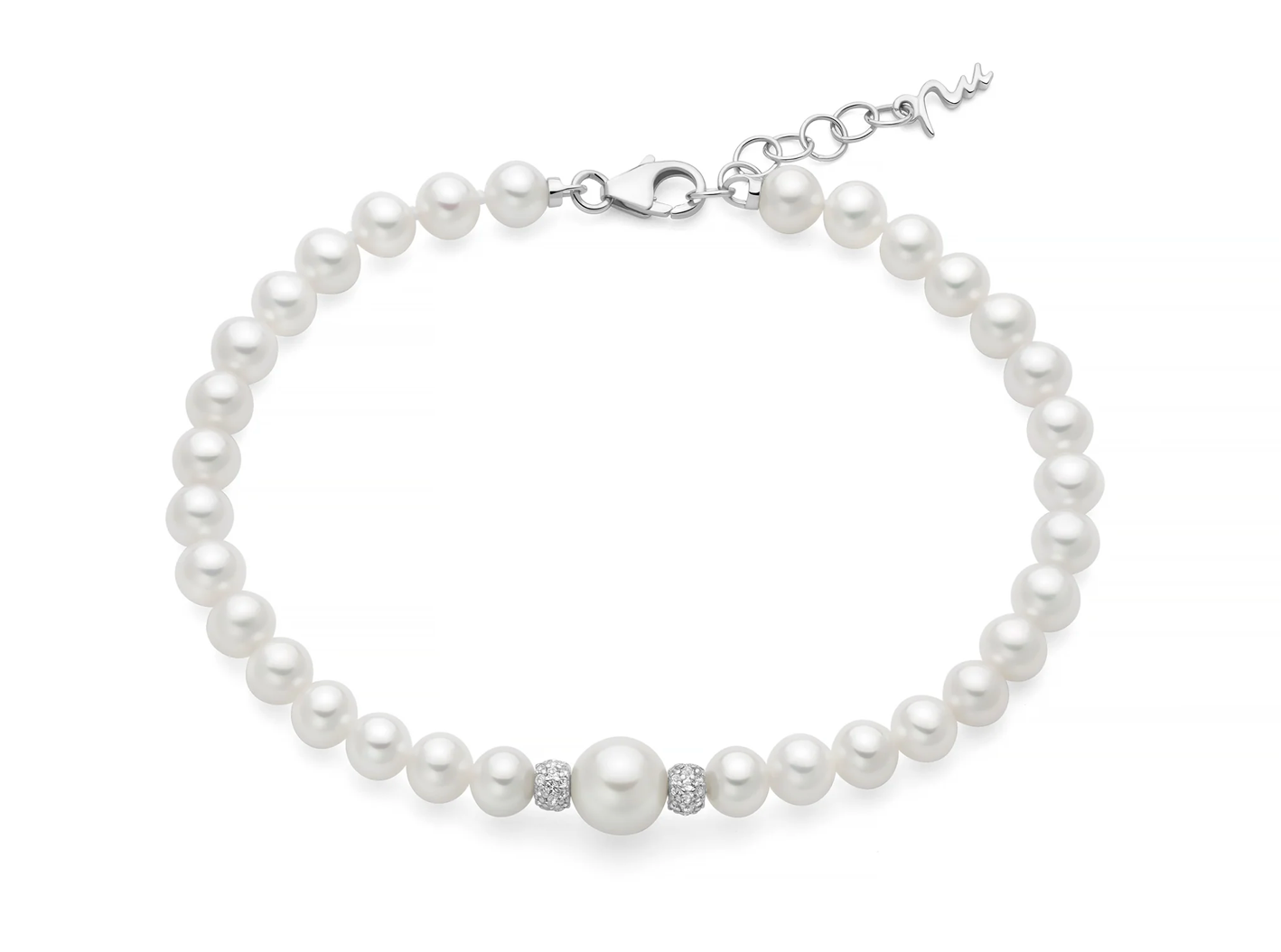 Bracciale di perle Oriente collezione Venere con boule in argento e topazi bianchi.