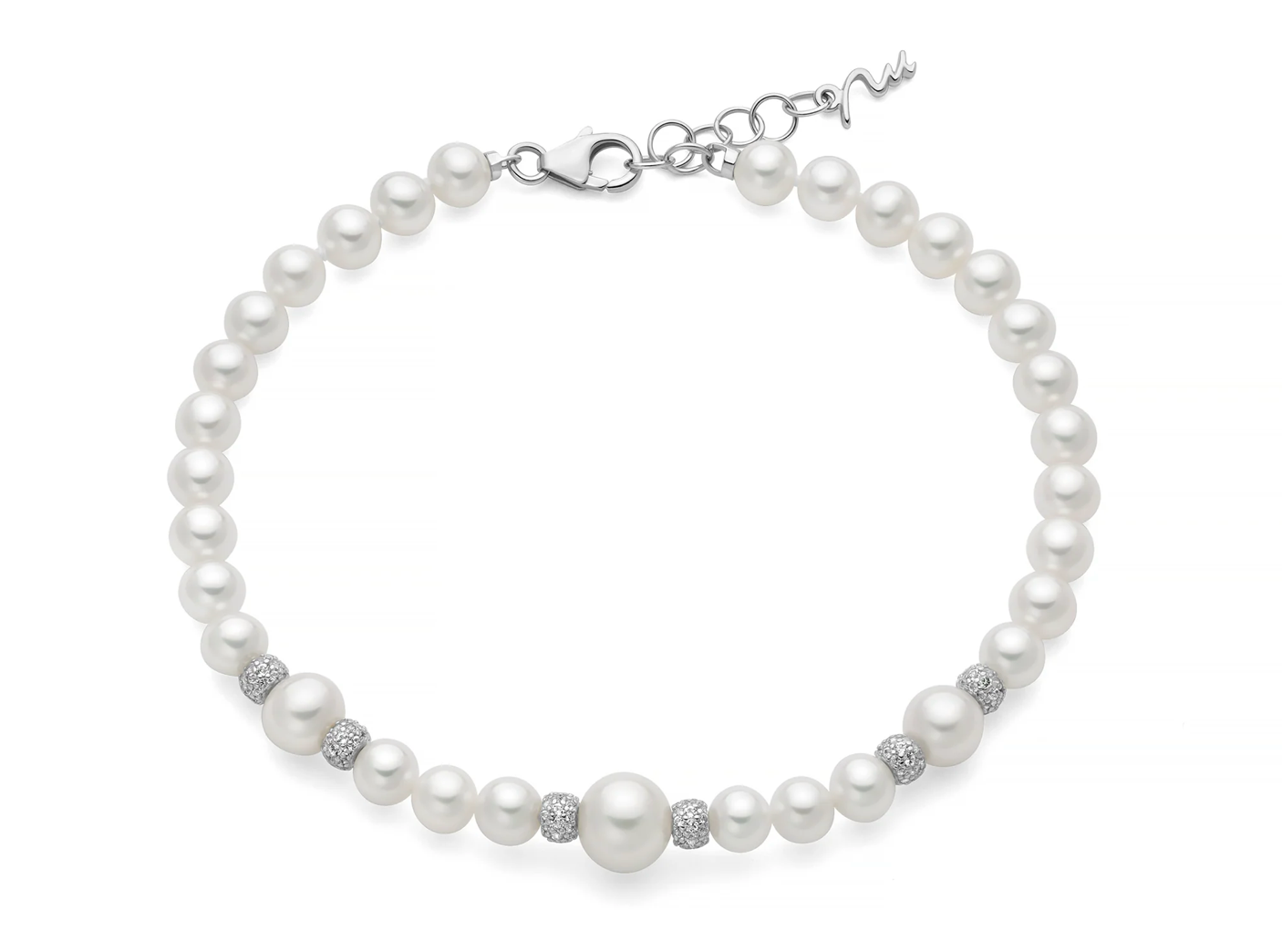 Bracciale di perle Oriente collezione Venere con sei boule in argento e topazi bianchi.