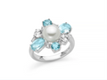 Anello Celestia con perla Oriente, quattro Gemma del Cielo e topazi bianchi in argento