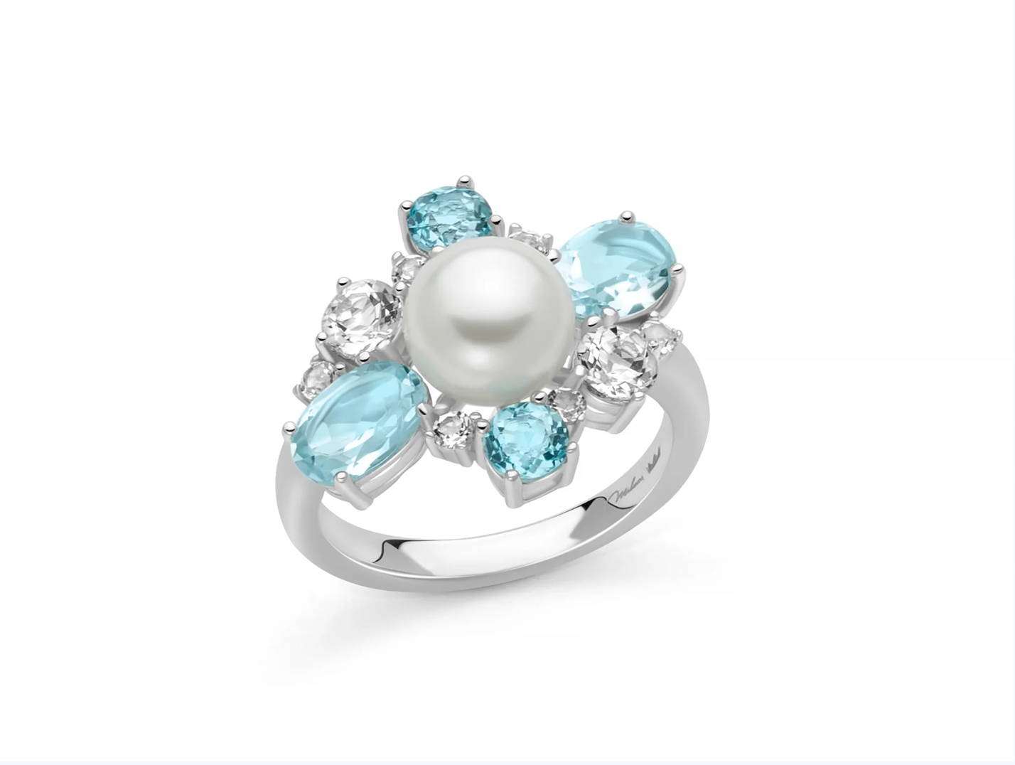 Anello Celestia con perla Oriente, quattro Gemma del Cielo e topazi bianchi in argento