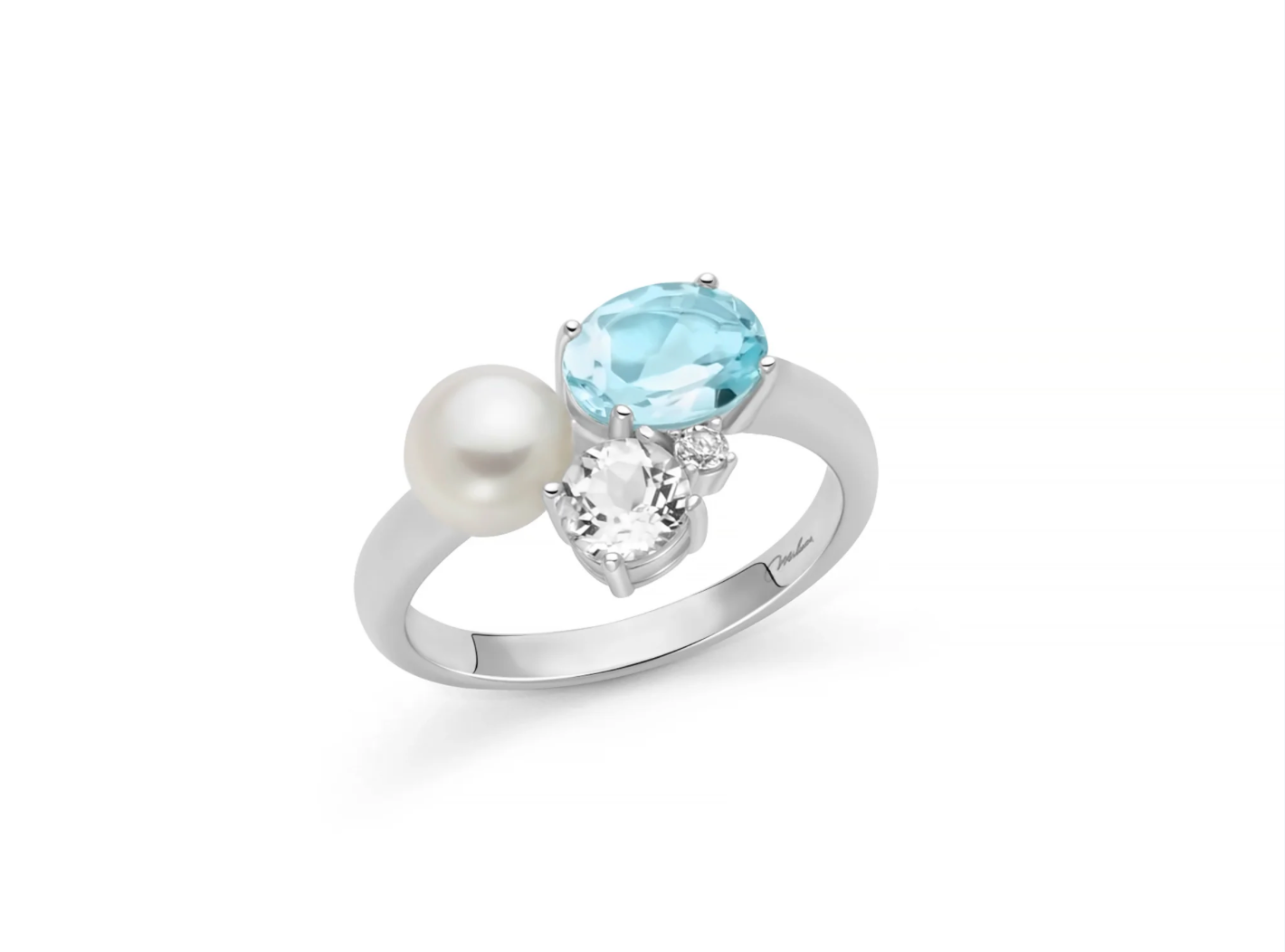 Anello Celestia con perla Oriente, Gemma del Cielo e topazio bianco in argento.