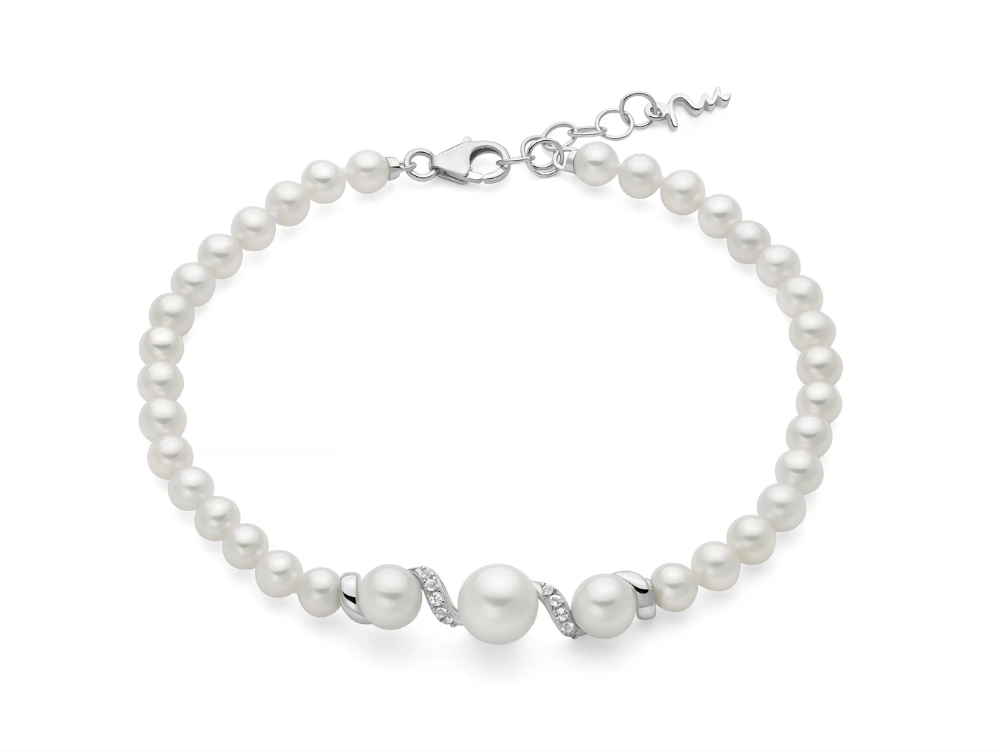 Bracciale di perle Eclissi con sinuosa lavorazione centrale in argento e topazi.
