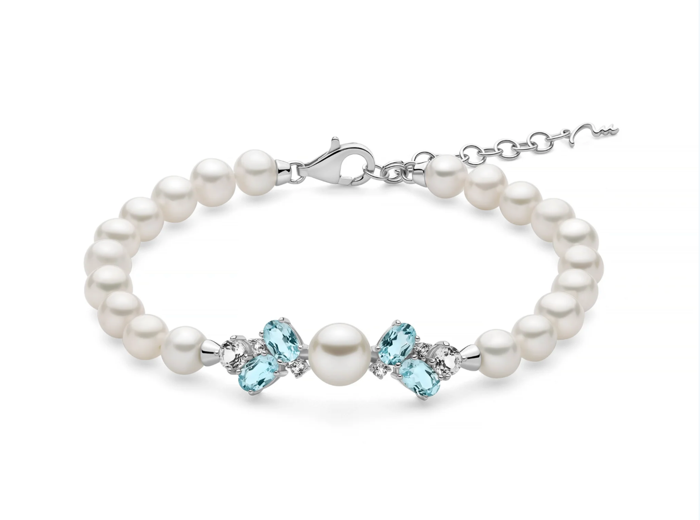 Bracciale di perle Oriente Celestia con Gemma del Cielo centrale in argento.