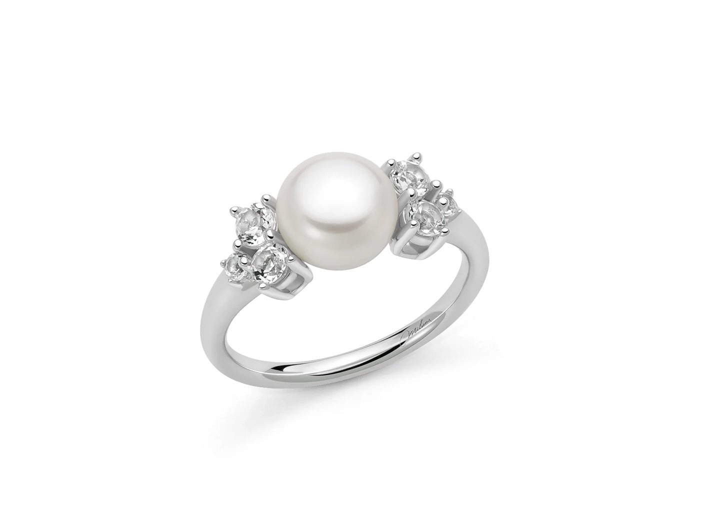 Anello Andromeda con perla Oriente circondata da topazi bianchi in argento.