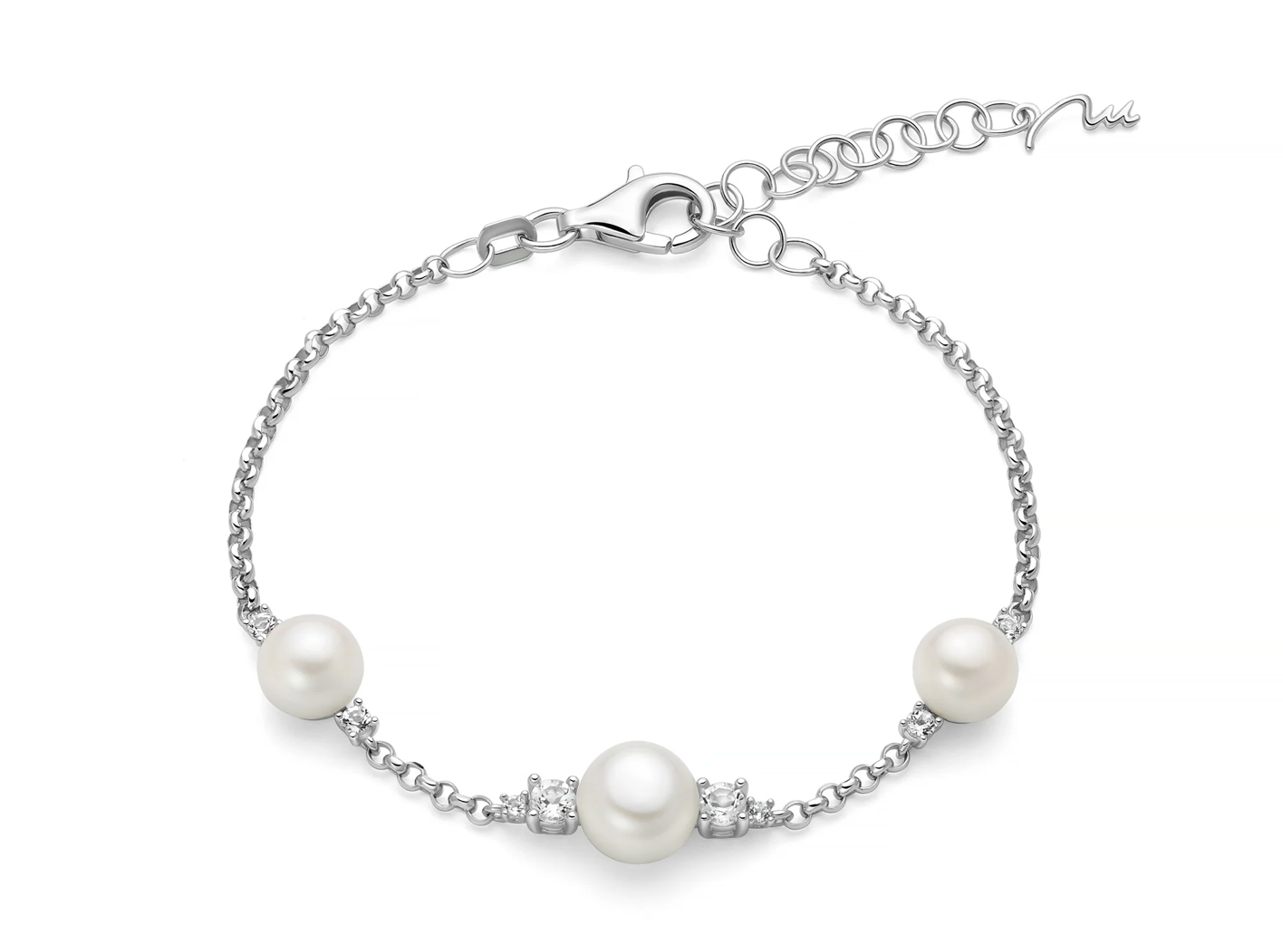 Bracciale Andromeda con tre perle Oriente e topazi bianchi in argento.