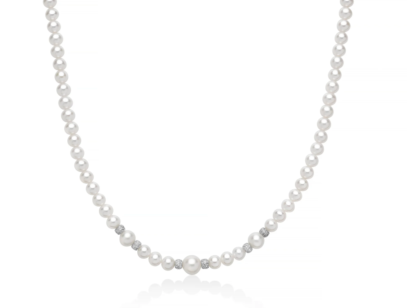 Collana di perle Oriente collezione Venere con sei boule in argento e topazi bianchi.