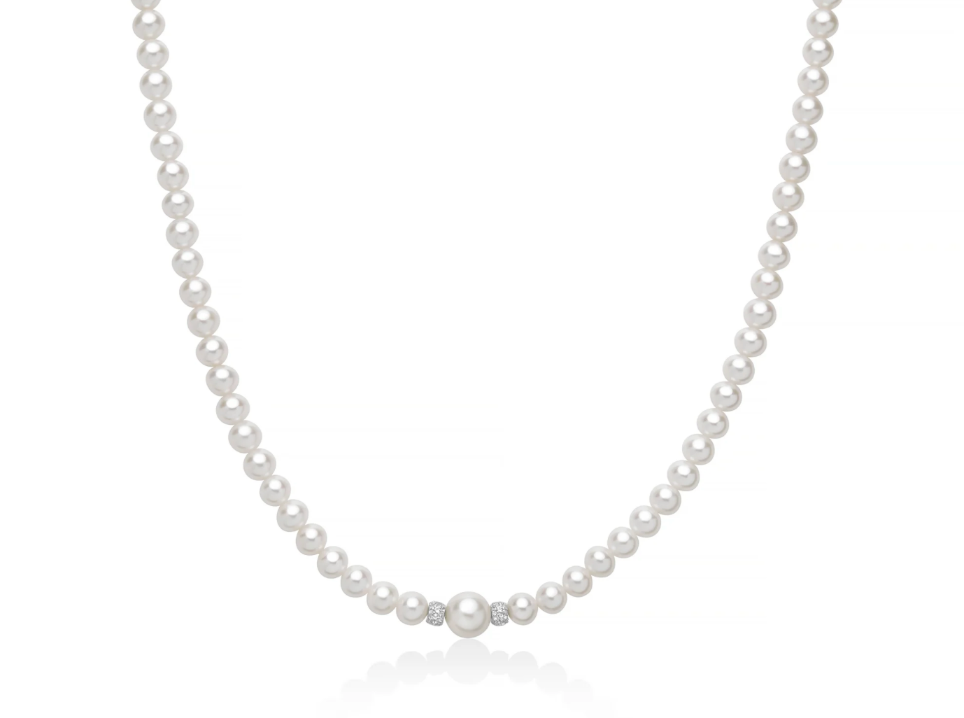 Collana di perle Oriente collezione Venere con boule in argento e topazi bianchi.
