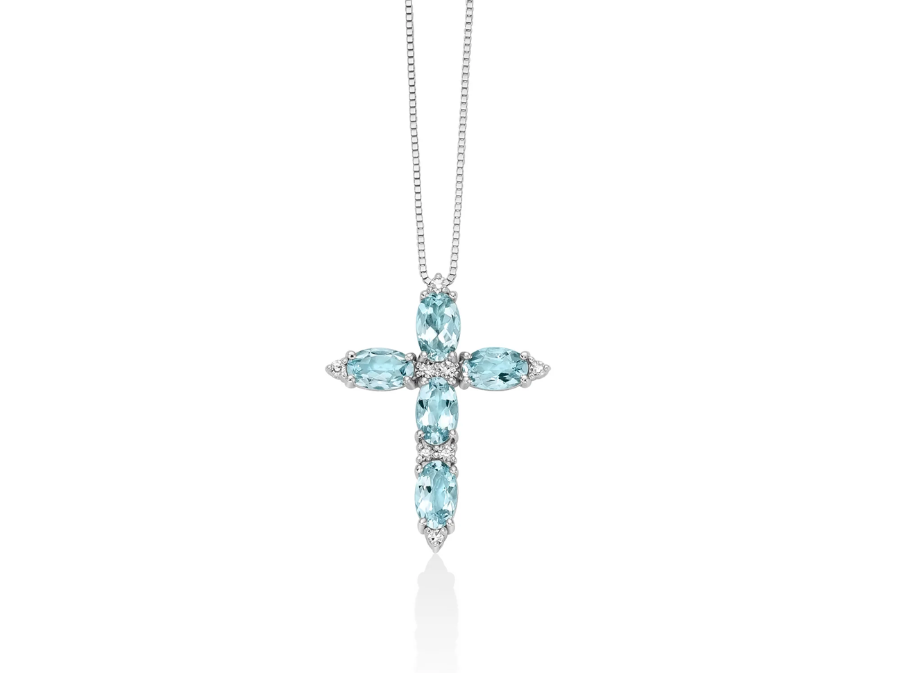 Collana con pendente a croce di acquemarine e diamanti in oro bianco